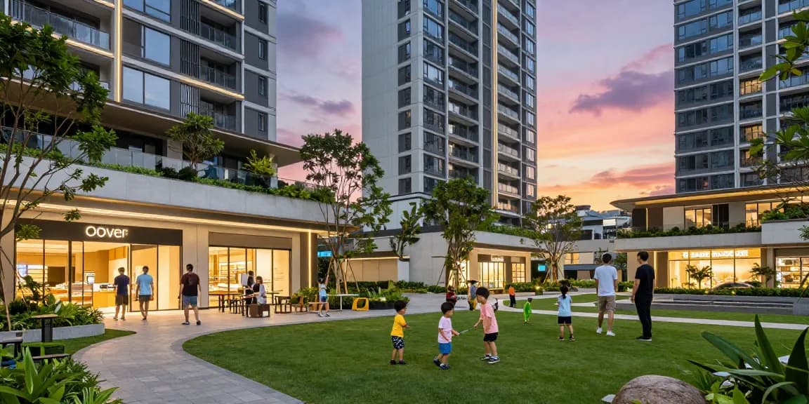 Dover Residences integrated living community with families enjoying amenities.