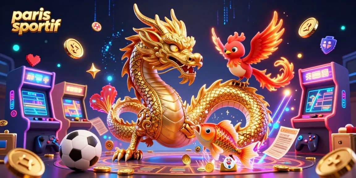 Pari sportif avec un dragon doré et un phénix, entouré de jeux d'arcade et d'éléments de paris.