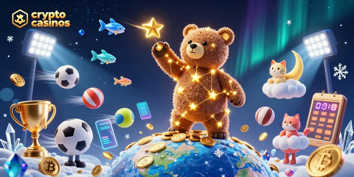 Jouez aux crypto casinos avec une scène magique de héros constellés et des éléments de casino festifs.