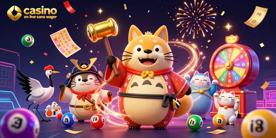 Les maneki-neko, le tanuki et le héron célèbrent avec des éléments de casino en ligne sans wager.