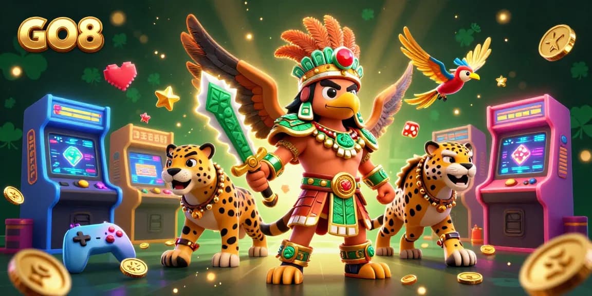 Join GO8's exciting casino adventure with Aztec warriors and a vibrant gaming atmosphere.
