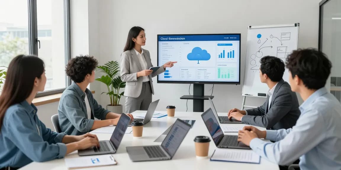 Cloud telephony solutions discussion in a modern office with diverse team members collaborating effectively.