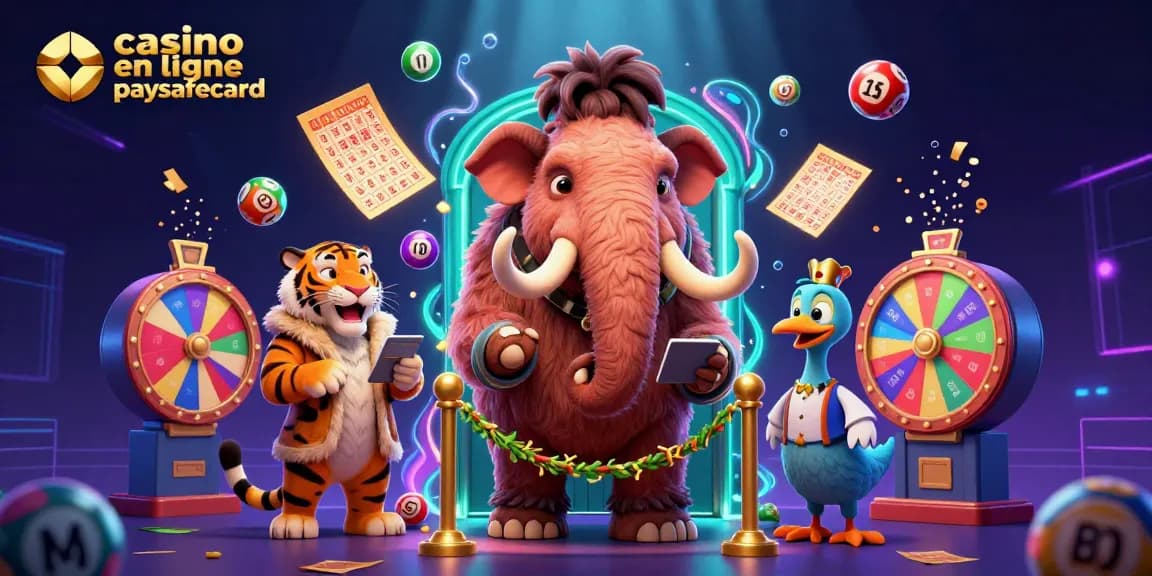 Jouer dans un casino en ligne paysafecard avec des personnages animés et des jeux colorés entourés de ballons de loterie.