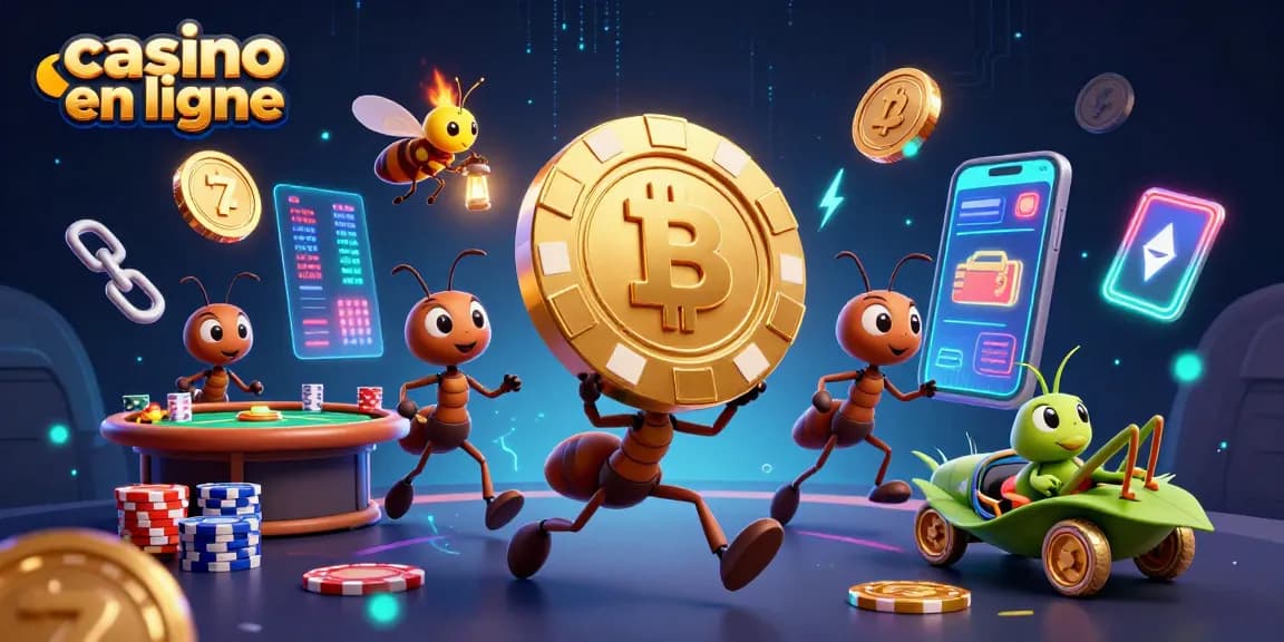 Les fourmis volent un jeton de poker géant au sein d'une scène dynamique du casino en ligne.