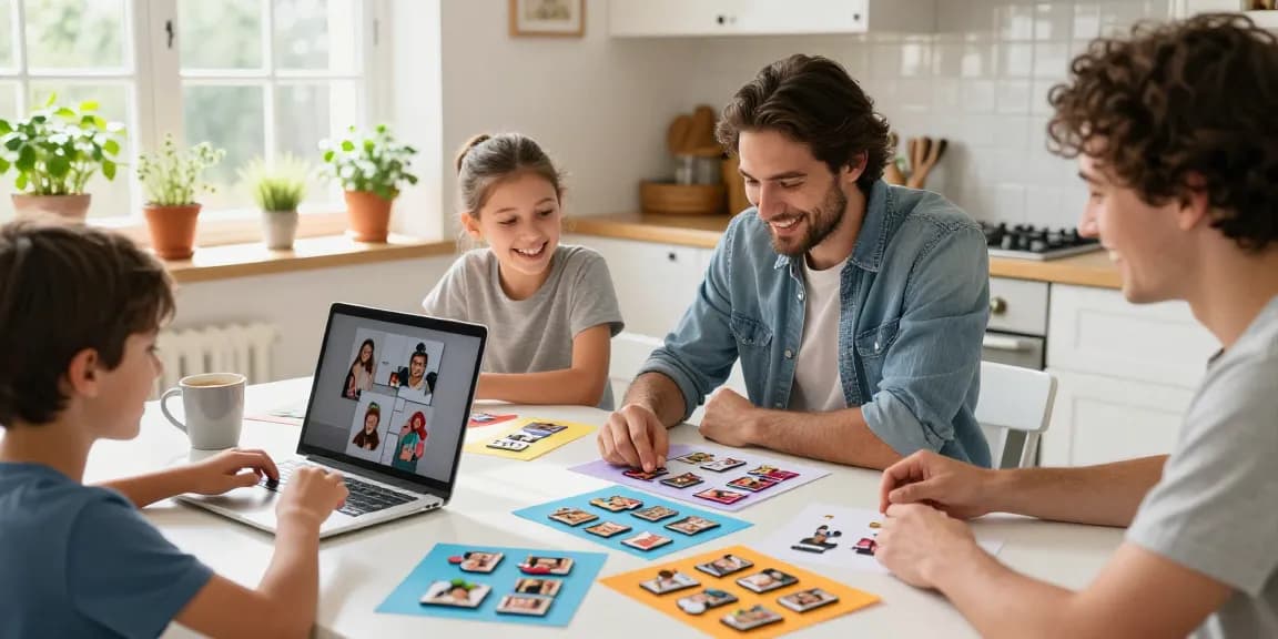 Family creating personalized photo magnets, celebrating memories with vibrant designs in a sunny kitchen.