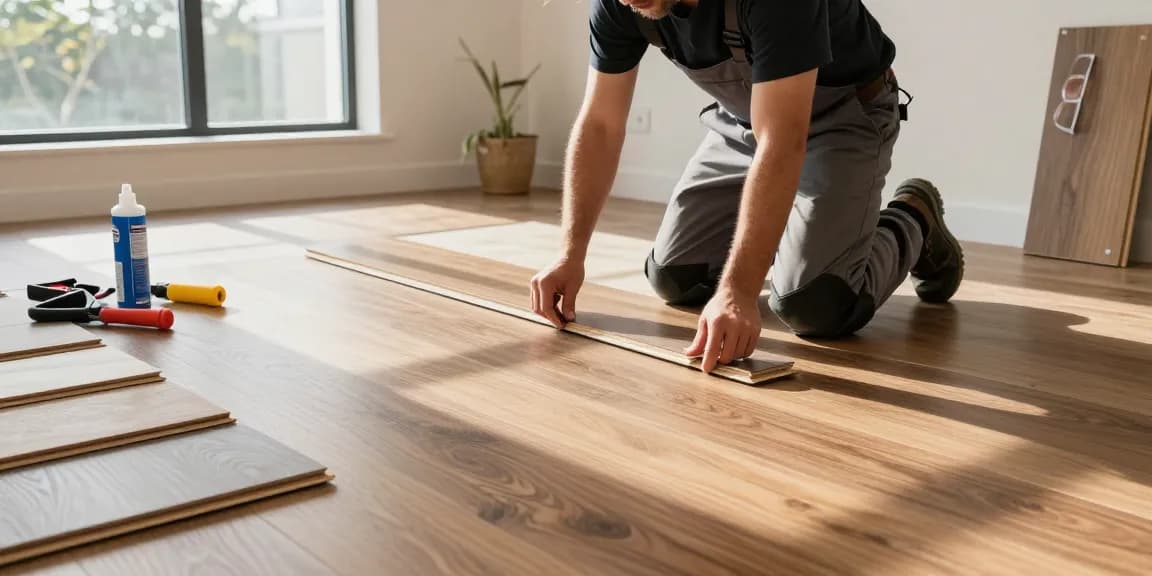 Flooring software used by a professional installer laying luxury vinyl planks in a modern home workspace.