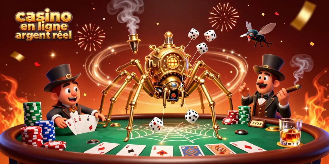 Le casino en ligne argent réel au cœur d'une illustration avec une araignée dorée steampunk et un gentleman mouches, capturant des dés chanceux.