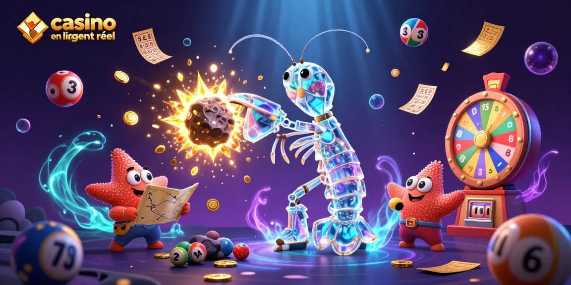 Gagnez avec le casino en ligne argent réel, illustré par un caméléon de mer et une pluie de pièces d'or.