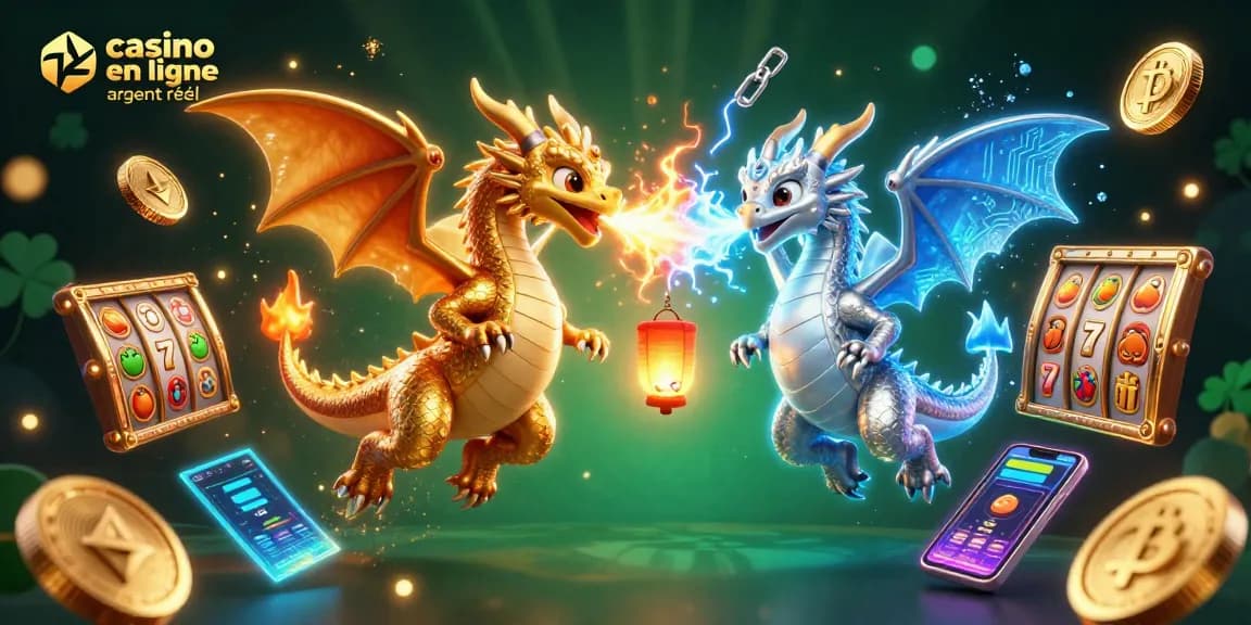 Visualisez le divertissement du casino en ligne argent réel avec des dragons entrelacés, des jetons de crypto-monnaie et des machines à sous éblouissantes.