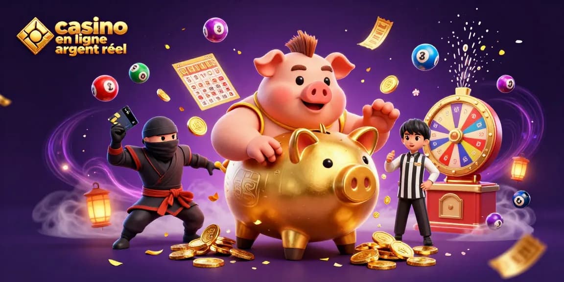 Jouer au casino en ligne argent réel avec un sumo en forme de tirelire dans une scène animée.