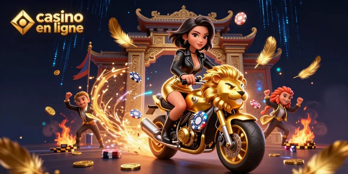 Vivez une excitation palpitante de casino en ligne avec une femme asiatique glamour chevauchant un lion doré.