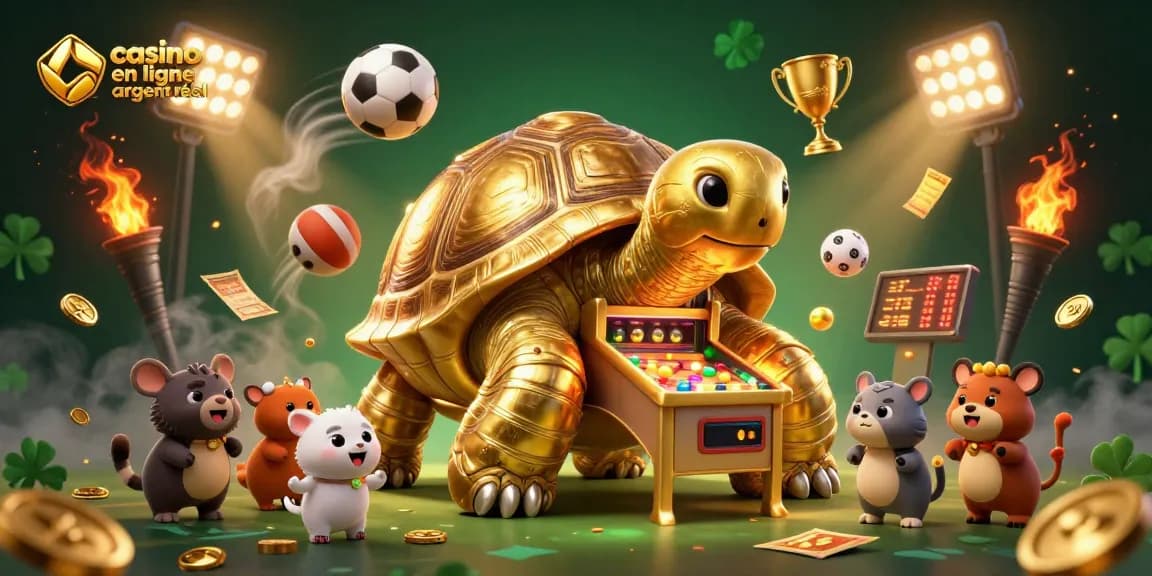 Jouer sur un casino en ligne argent réel avec une tortue dorée et des éléments sportifs excitants.