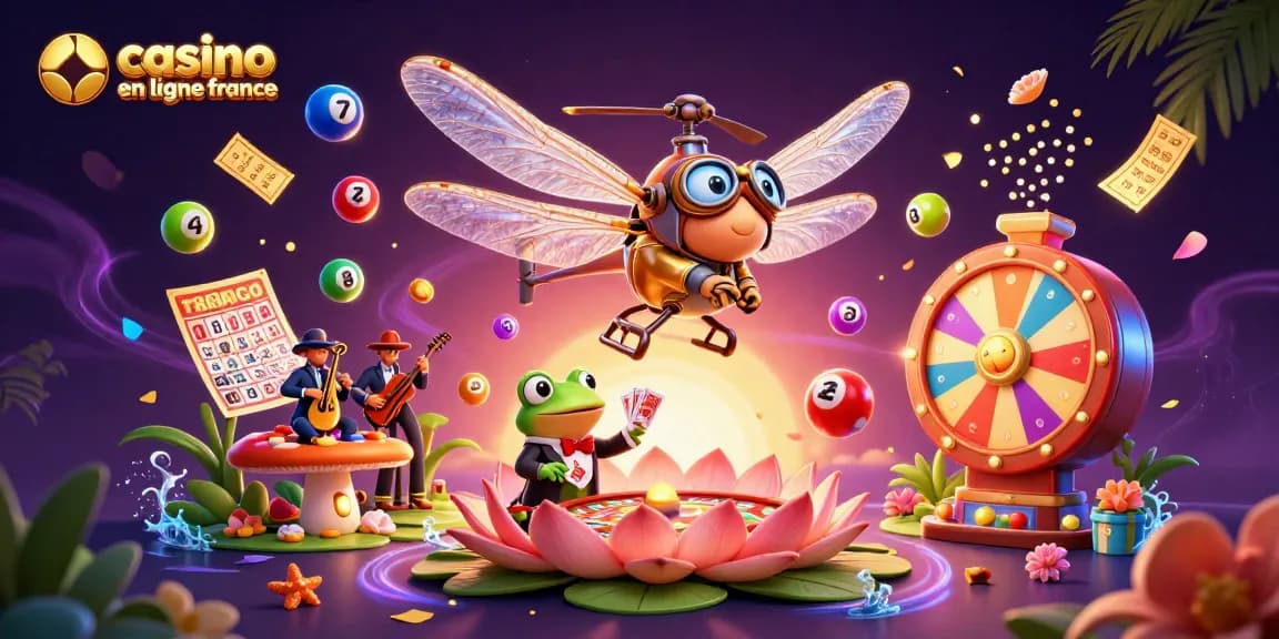 Jouez sur un casino en ligne France avec une illustration colorée capturant l'excitation des jeux d'argent.