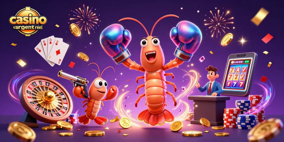 Profitez d'une scène dynamique de casino en ligne argent réel, mettant en scène des crevettes 3D et des éléments de jeu.