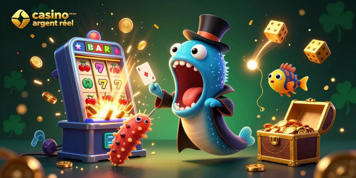 Illustration dynamique mettant en scène le casino en ligne argent réel avec un poisson-lanterne, une anguille et une machine à sous explosant de gains.