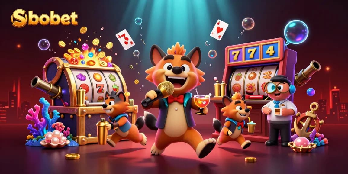 Catch the thrill of sbobet betting with a vibrant casino scene featuring hyenas and slot games.