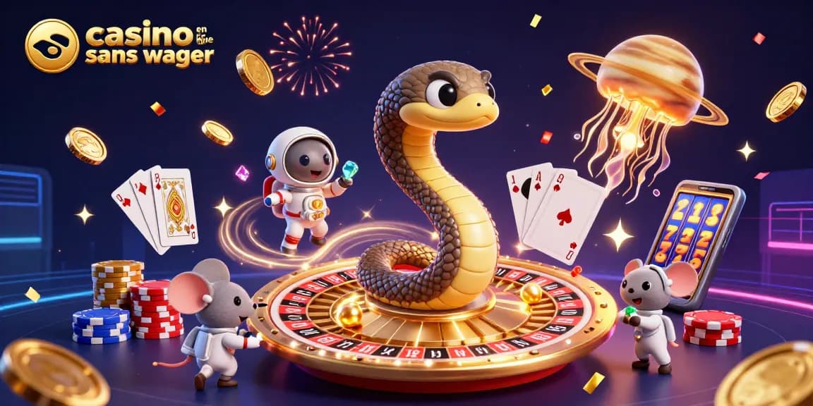 Des astronautes parient sur le casino en ligne sans wager, accompagnés d'un serpent de Saturne et d'une méduse dorée.
