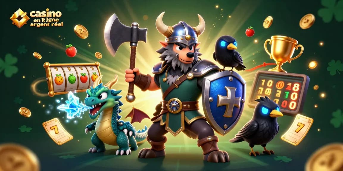 Jouer à casino en ligne argent réel avec un guerrier, un dragon et un corbeau dans une scène dynamique.