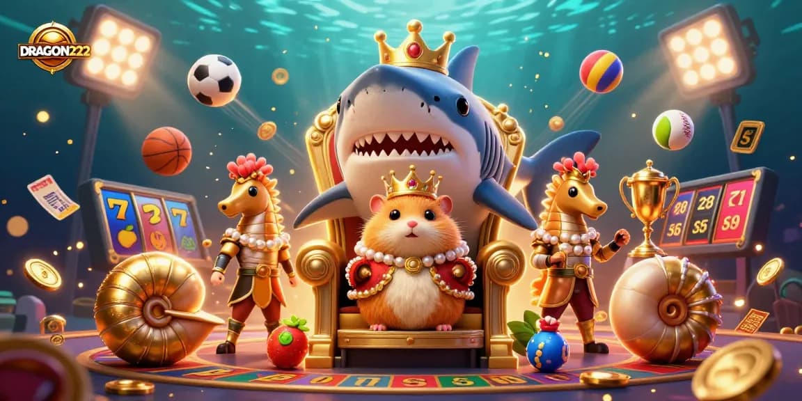 Experience the excitement of DRAGON222 with a vibrant 3D casino scene showcasing thrilling slot elements and dynamic characters.