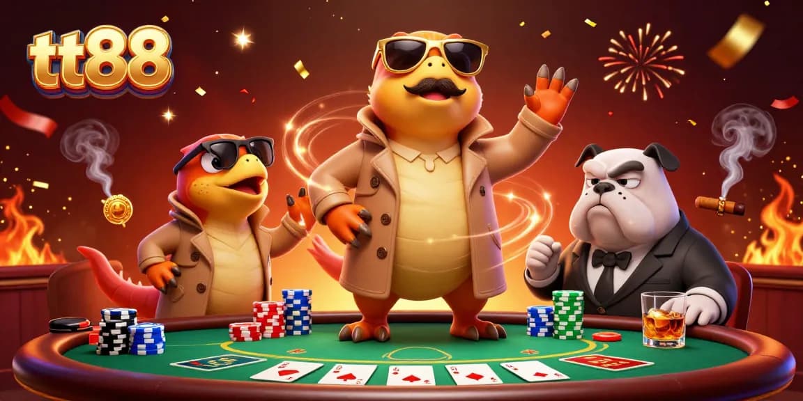 Experience thrilling poker at tt88 with raptors in disguise and a vigilant bouncer in a vibrant casino scene.