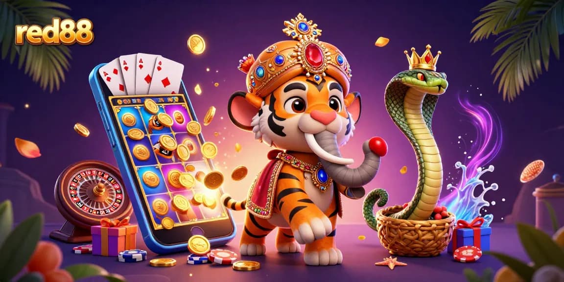 Experience exciting gameplay at red88 with a vibrant 3D scene featuring a maharaja and casino elements.
