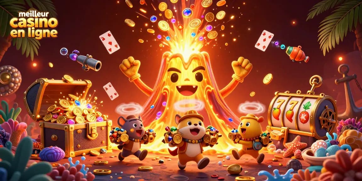 Illustration dynamique de machine à sous avec le meilleur casino en ligne, volcans et trésors.