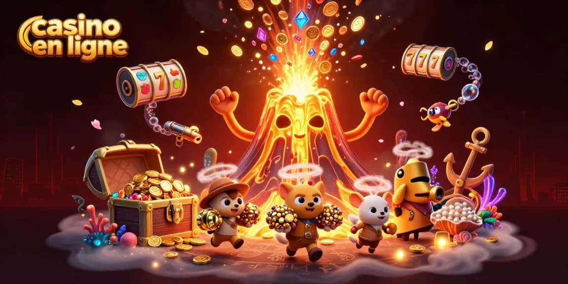 Illustration dynamique d'un volcan en or animé, éruptant des trésors pour un casino en ligne.