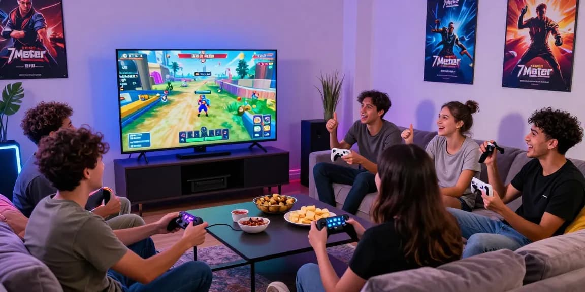 Friends enjoying 7meter gaming experience together with snacks and bright LED lights.