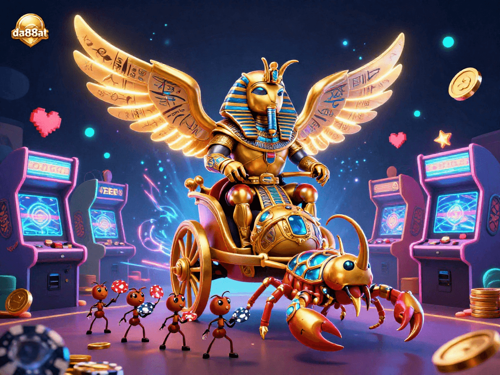 Engage with the vibrant da88at casino scene featuring a golden scarab beetle and neon game elements.