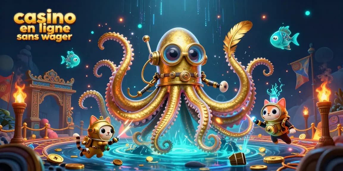 Illustration dynamique d'un kraken doré symbolisant un casino en ligne sans wager, avec des éléments de jeu moirés.