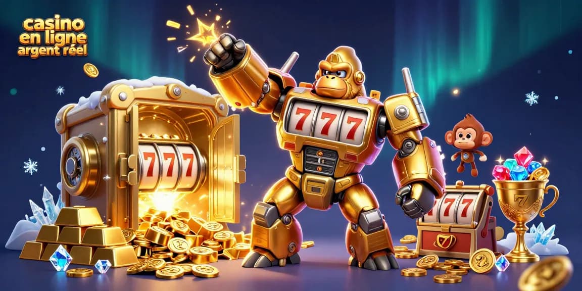 Gagnez des gains avec le casino en ligne argent réel grâce à une illustration dynamique de machines à sous et trésors.