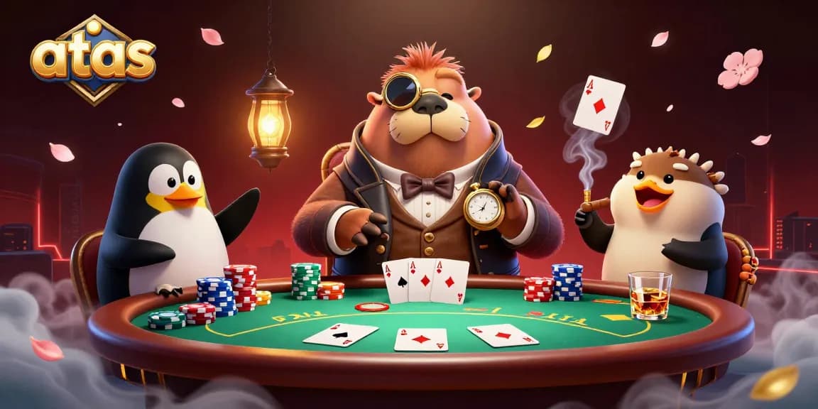 Experience intense poker action at ATAS Casino with unique characters bluffing and winning.