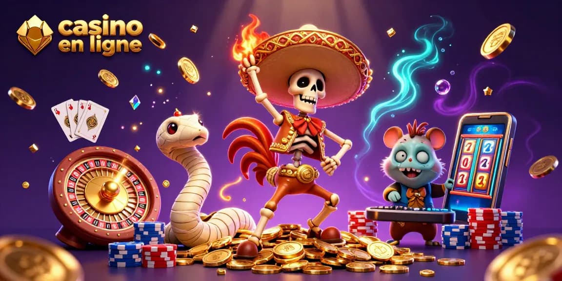 Jouez au casino en ligne avec des personnages colorés et des bonus en or scintillant.