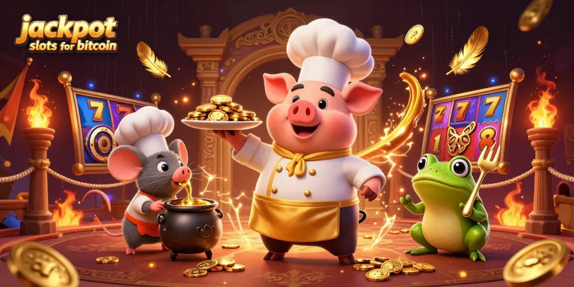 Experience jackpot slots for bitcoin with colorful 3D characters and gold coin action.