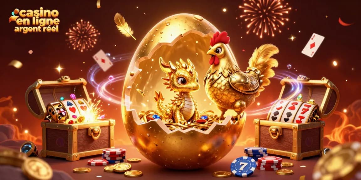 Créez des gains dans un casino en ligne argent réel avec un dragon doré et des jetons de poker.