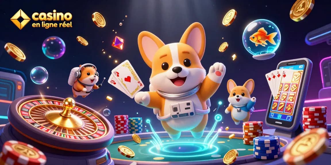 Le corgi astronaute découvre le casino en ligne argent réel avec des jetons et des pièces dorées flottants.