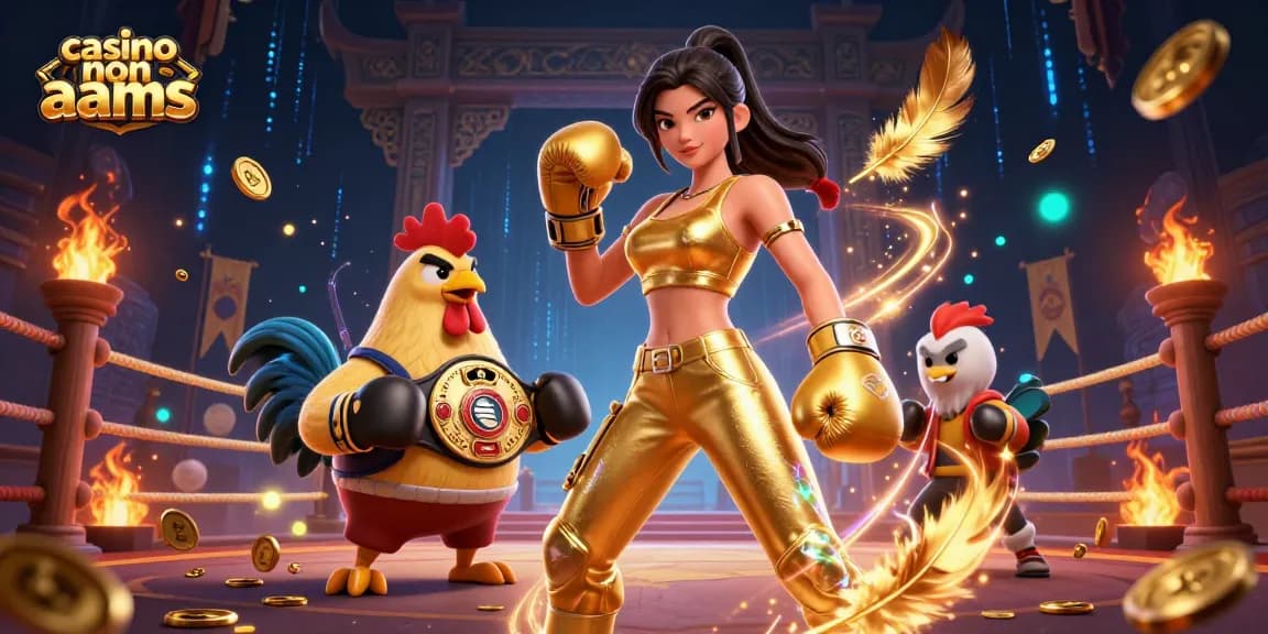 Interagisci con casinò non AAMS attraverso un'epica illustrazione 3D a tema pugilato che mostra una forte combattente femminile e un gallo da campionato.