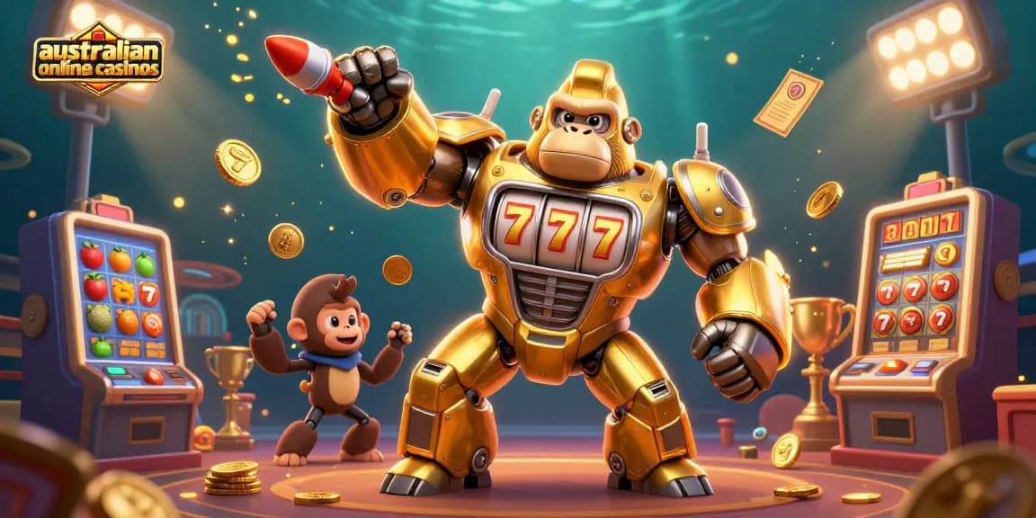 Experience thrilling australian online casinos with a dynamic 3D gorilla mech and slot elements in vivid action.
