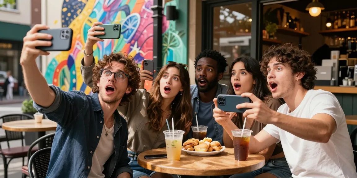 Group of friends comparing celebrity look-alike results while enjoying a day out, highlighting the fun of discovering who they resemble.