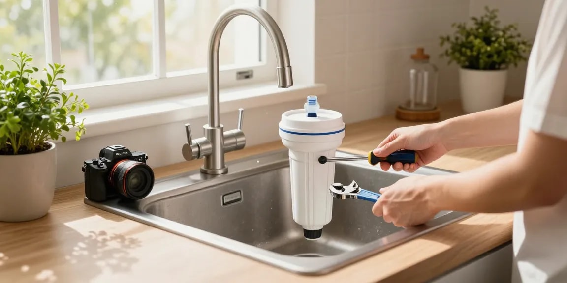 AQUA CREST GXRTDR Inline Water Filter installation in a bright kitchen.