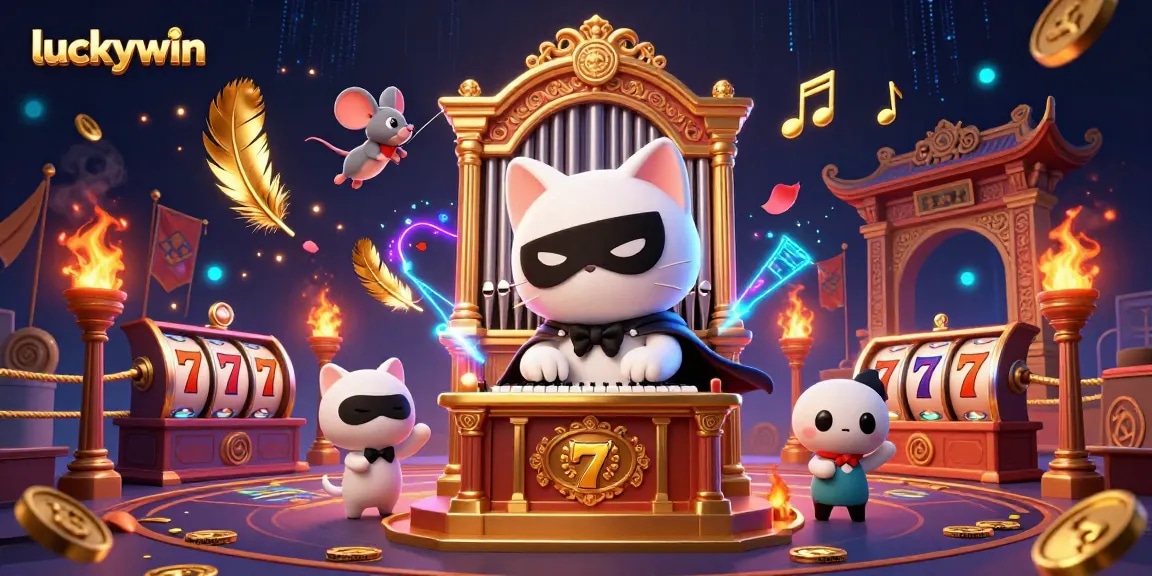 Engage with thrilling moments at luckywin, featuring a phantom cat and a mouse acrobat in a vibrant casino scene.