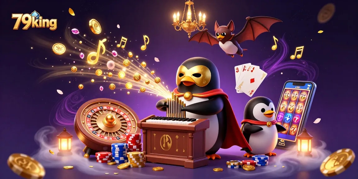 Experience the thrill of 79king's games with golden coins flowing and action-packed gambling elements.
