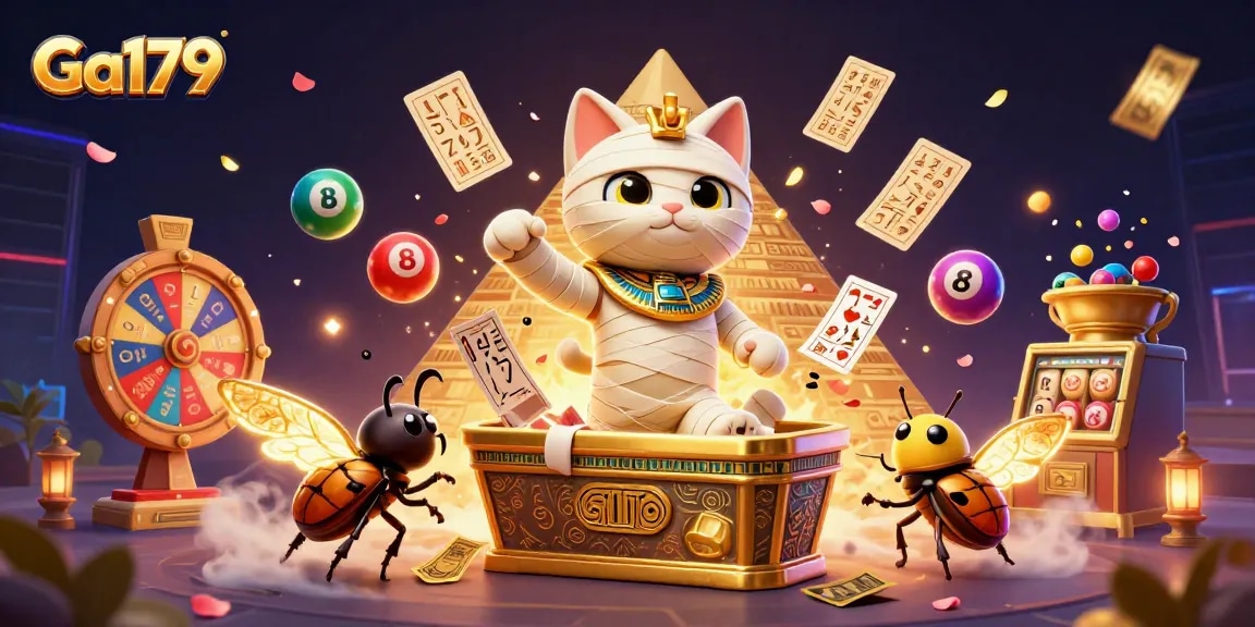 Engage in exciting gameplay at Ga179 with a cartoon mummy cat in a vibrant casino setting.