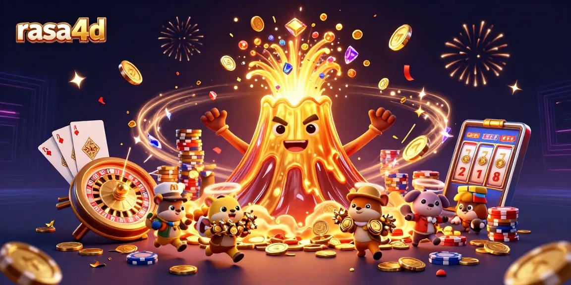 Win big with rasa4d as the golden volcano erupts coins and gems in a thrilling casino scene.
