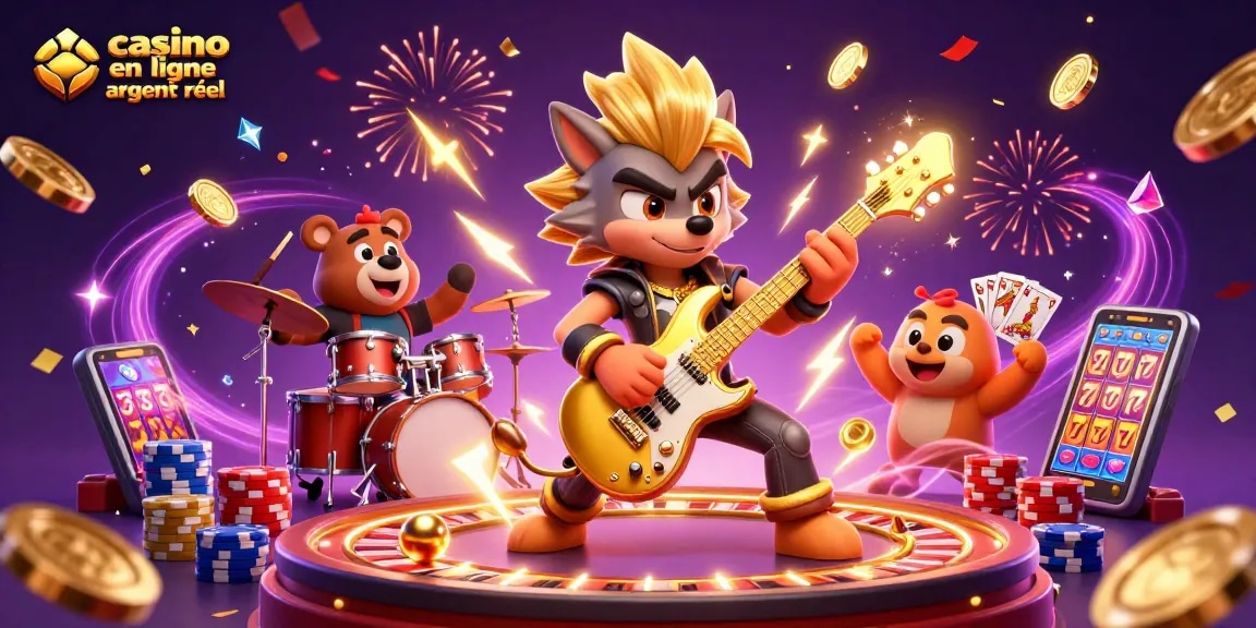 Vivez l'excitation du casino en ligne argent réel avec notre illustration captivante mettant en scène un loup rock star et un ours batteur.