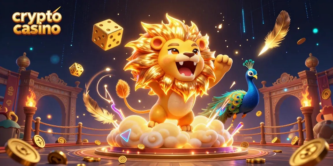 Jouez dans un crypto casino avec des pièces en or et un lion majestueux entouré de dés et de feux d'artifice.