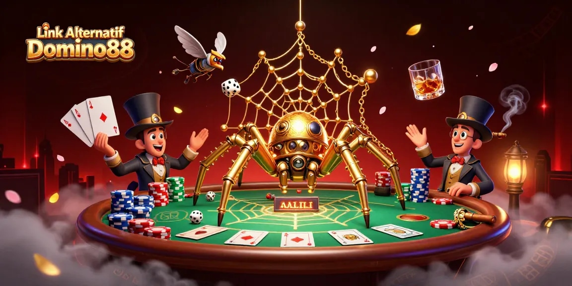 Link Alternatif Domino88 showcasing a captivating 3D spider and poker scene filled with action.