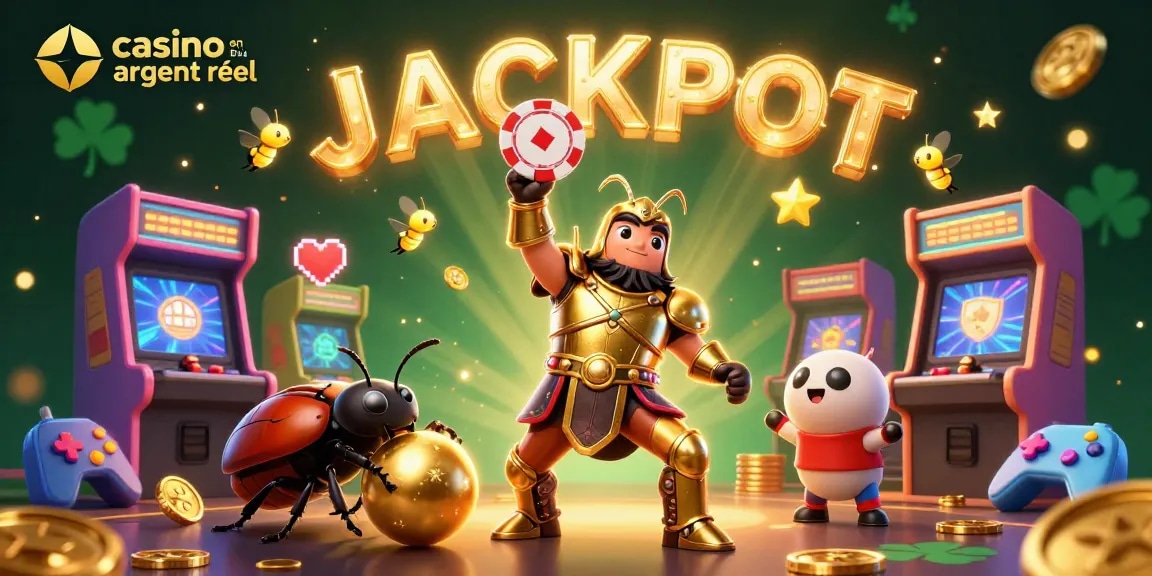 Explorez le casino en ligne argent réel avec une illustration captivante mettant en scène des personnages de jeu, la victoire et la chance.