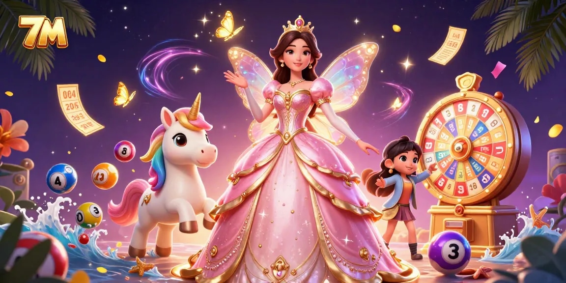 Experience the excitement of 7M with colorful lottery balls and a magical scene filled with winning elements.