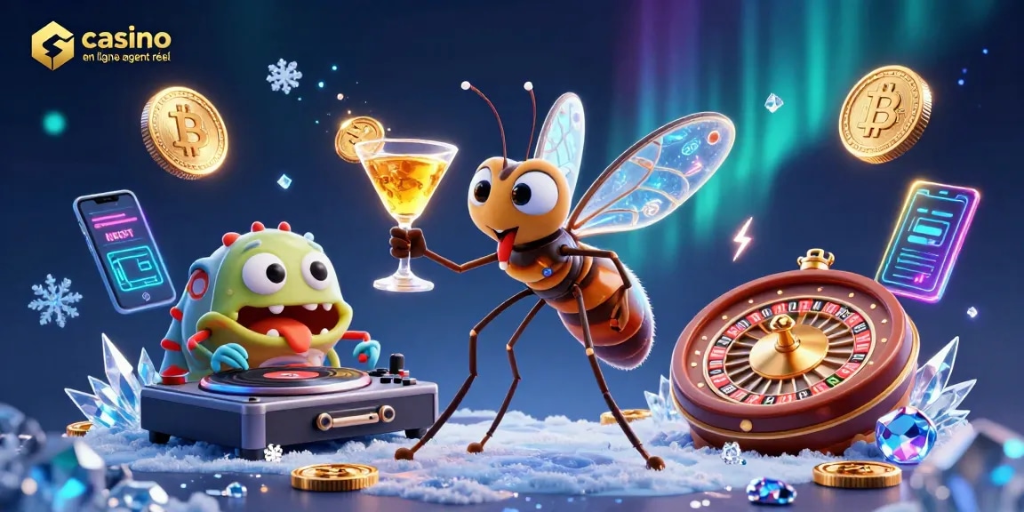 Découvrez un casino en ligne argent réel avec une mascotte moustique et des éléments de crypto.